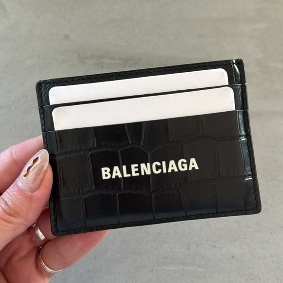 Balenciaga Logo Croc Embossed Leather Card Case Black